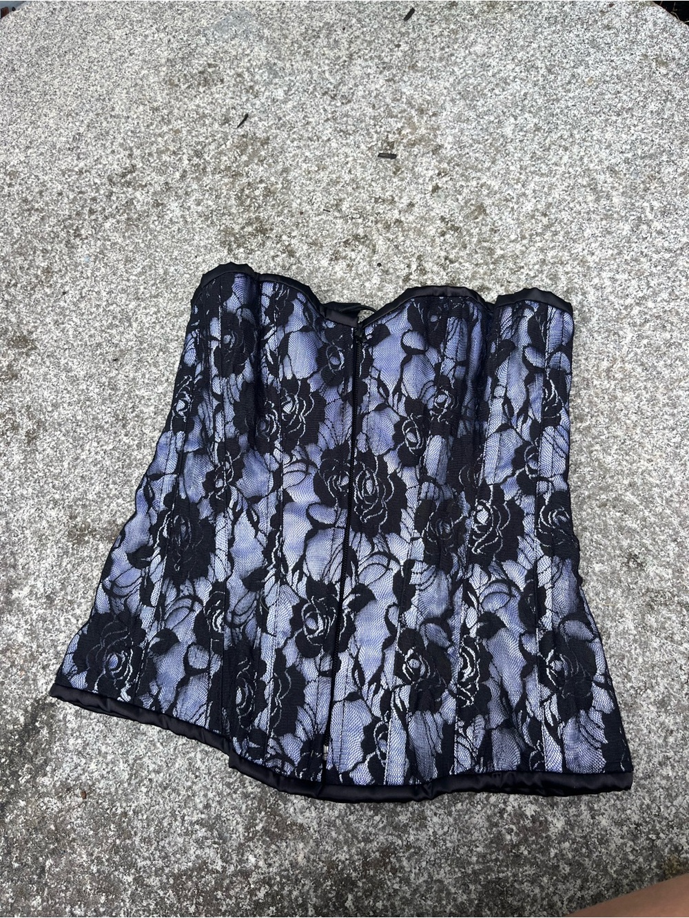 Daisy Corsets Black Lace Overlay Strapless Corset with Pale Blue Underlay
